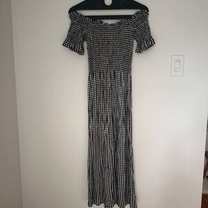 Black and White Gingham Off-Shoulder Shirred Picnic Midi Dress